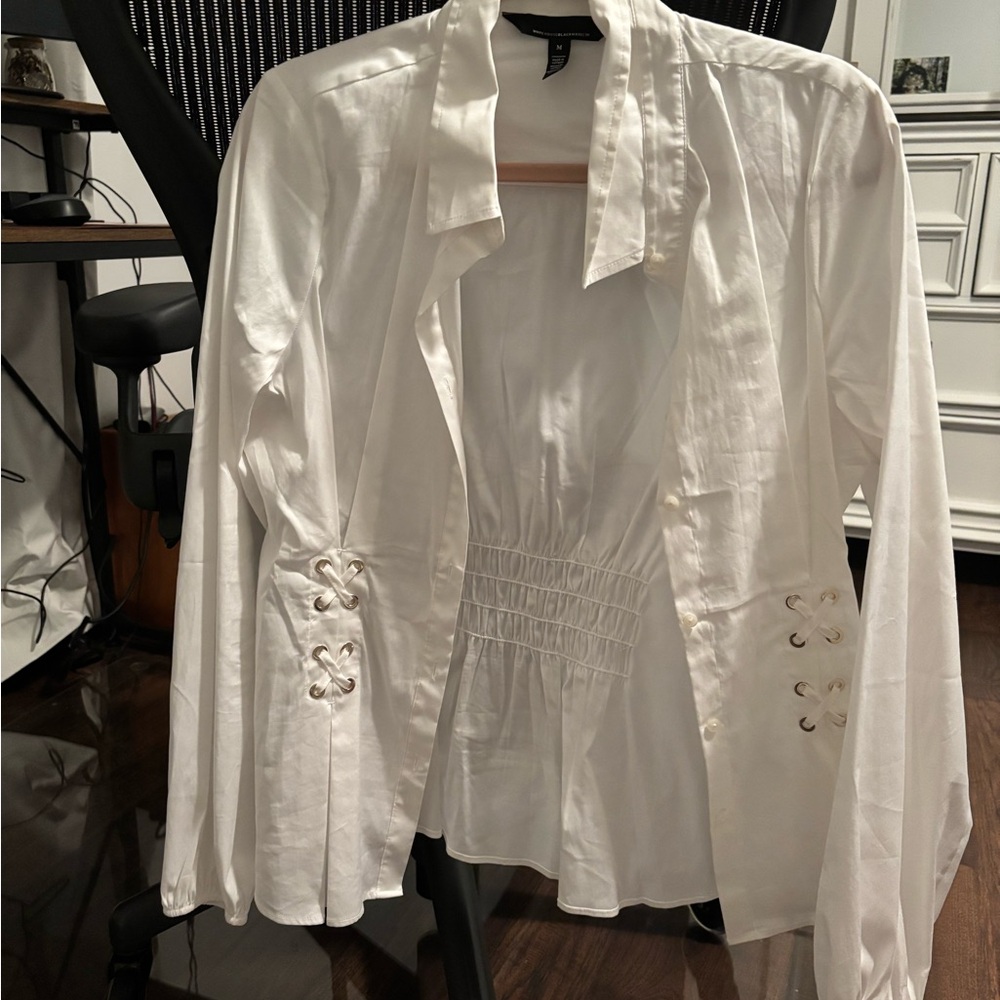 Chic White Button up collar shirt with Lace-Up Details